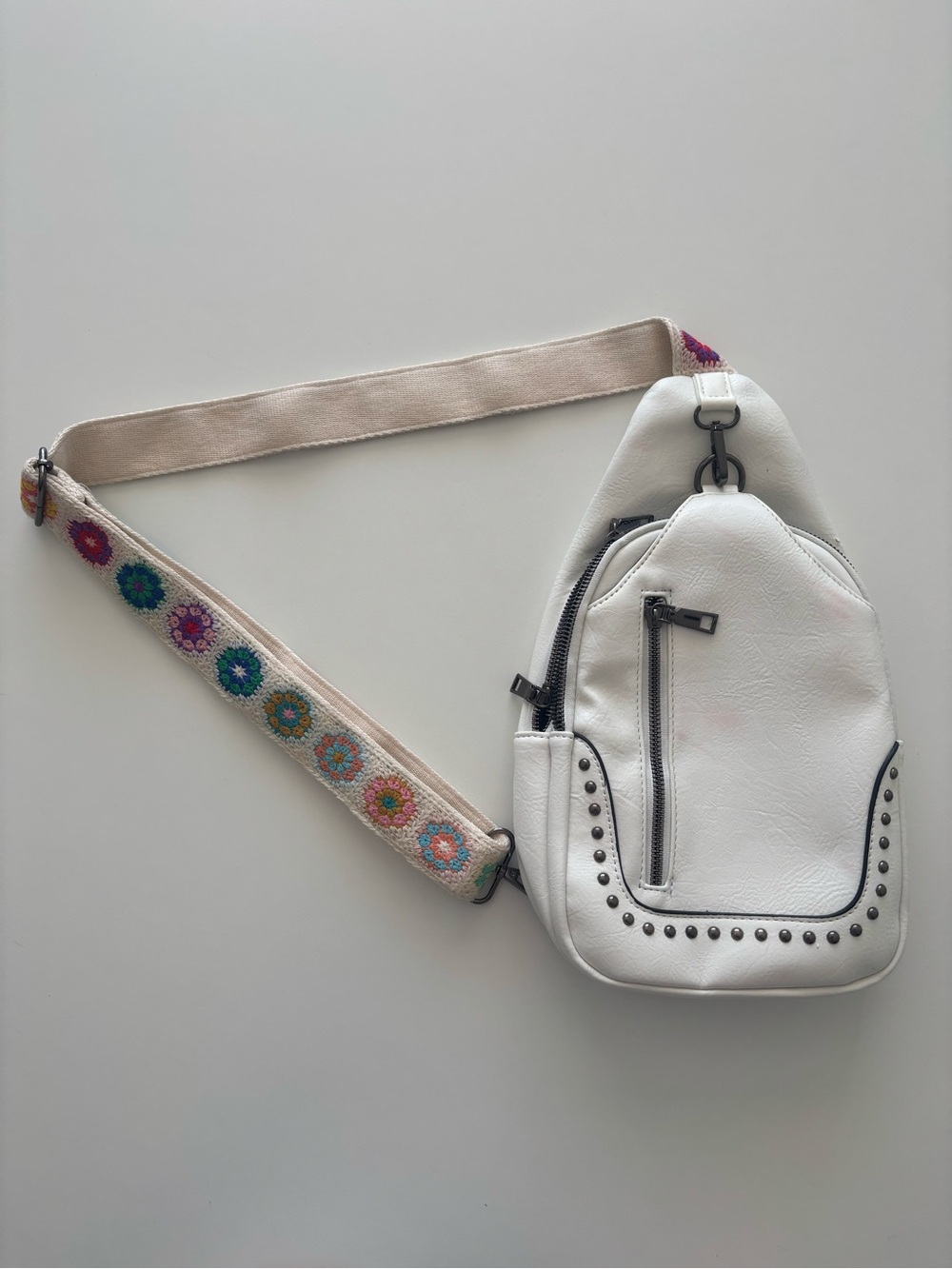 Sam & Hadley White Vegan Leather Studded Sling Bag